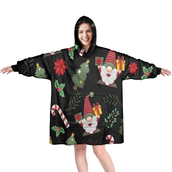 Wearable Oversized Blanket,Black Christmas Gnome and Gift Pattern Wearable Blanket Hoodie for Adults,Cozy Hooded Blankets with Super Pockets,Super Warm Fuzzy Pullover for Women & Men