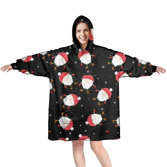 Wearable Oversized Blanket,Black Christmas Santa Pattern Wearable Blanket Hoodie for Adults,Cozy Hooded Blankets with Super Pockets,Super Warm Fuzzy Pullover for Women & Men