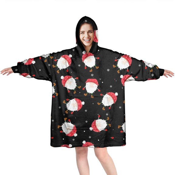 Wearable Oversized Blanket,Black Christmas Santa Pattern Wearable Blanket Hoodie for Adults,Cozy Hooded Blankets with Super Pockets,Super Warm Fuzzy Pullover for Women & Men