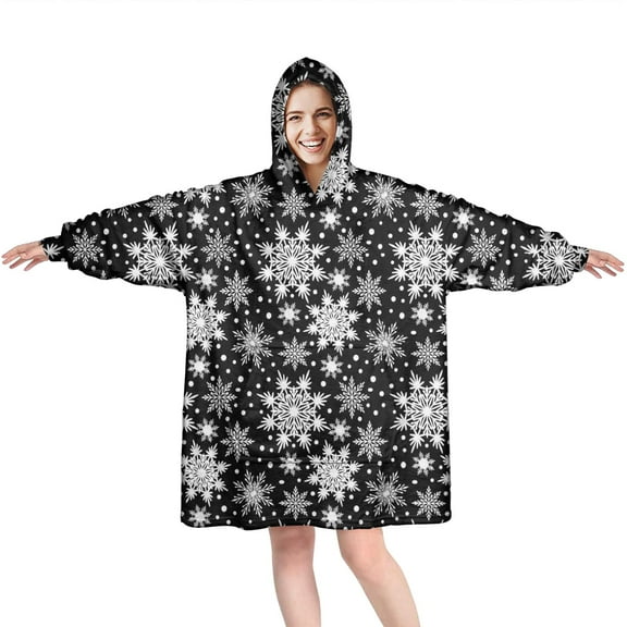 Wearable Oversized Blanket,Black Christmas Snowflake Pattern Wearable Blanket Hoodie for Adults,Cozy Hooded Blankets with Super Pockets,Super Warm Fuzzy Pullover for Women & Men