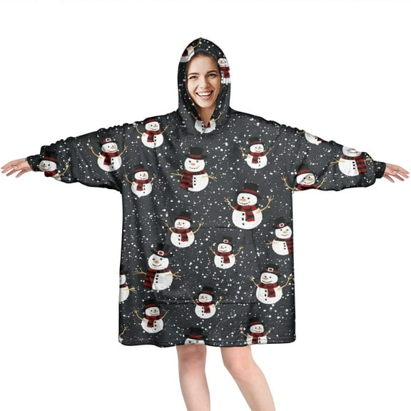 Wearable Oversized Blanket,Black Christmas Snowman Pattern Wearable Blanket Hoodie for Adults,Cozy Hooded Blankets with Super Pockets,Super Warm Fuzzy Pullover for Women & Men