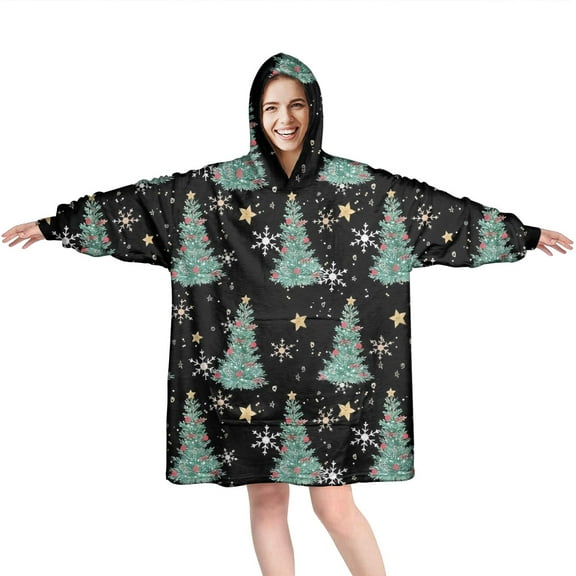 Wearable Oversized Blanket,Black Christmas Tree Pattern Wearable Blanket Hoodie for Adults,Cozy Hooded Blankets with Super Pockets,Super Warm Fuzzy Pullover for Women & Men