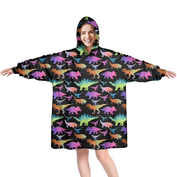 Wearable Oversized Blanket,Black Colorful Dinosaurs Pattern Wearable Blanket Hoodie for Adults,Cozy Hooded Blankets with Super Pockets,Super Warm Fuzzy Pullover for Women & Men