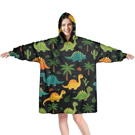 Wearable Oversized Blanket,Black Colorful Dinosaurs Pattern Wearable Blanket Hoodie for Adults,Cozy Hooded Blankets with Super Pockets,Super Warm Fuzzy Pullover for Women & Men