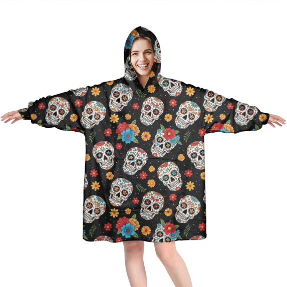 Wearable Oversized Blanket,Black Colorful Skull Flower Pattern Wearable Blanket Hoodie for Adults,Cozy Hooded Blankets with Super Pockets,Super Warm Fuzzy Pullover for Women & Men