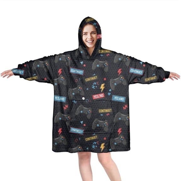 Wearable Oversized Blanket,Black Controllers Games Labels Black Pattern Wearable Blanket Hoodie for Adults,Cozy Hooded Blankets with Super Pockets,Super Warm Fuzzy Pullover for Women & Men