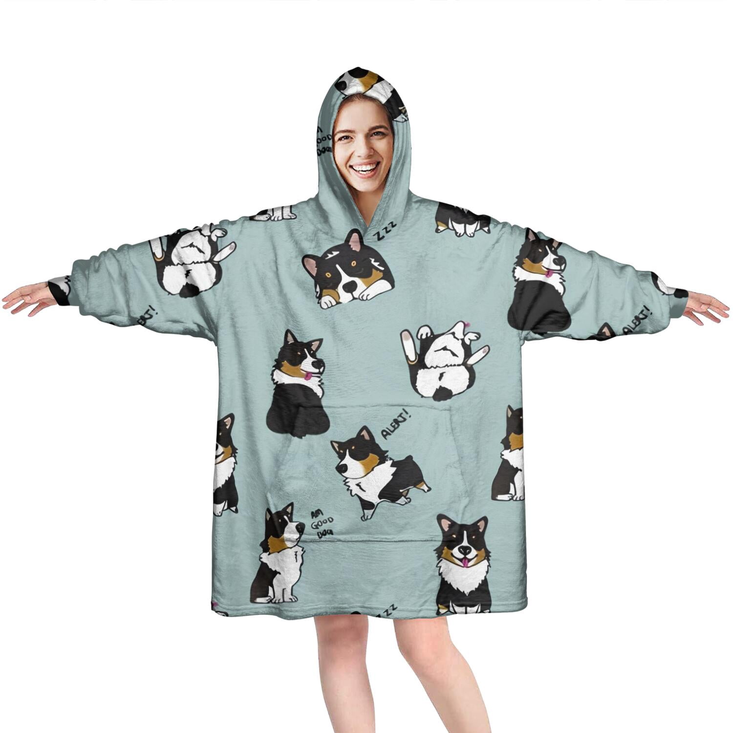 Wearable Oversized Blanket,Black Corgi Wearable Blanket Hoodie for Adults,Cozy Hooded Blankets with Super Pockets,Super Warm Fuzzy Pullover for Women & Men