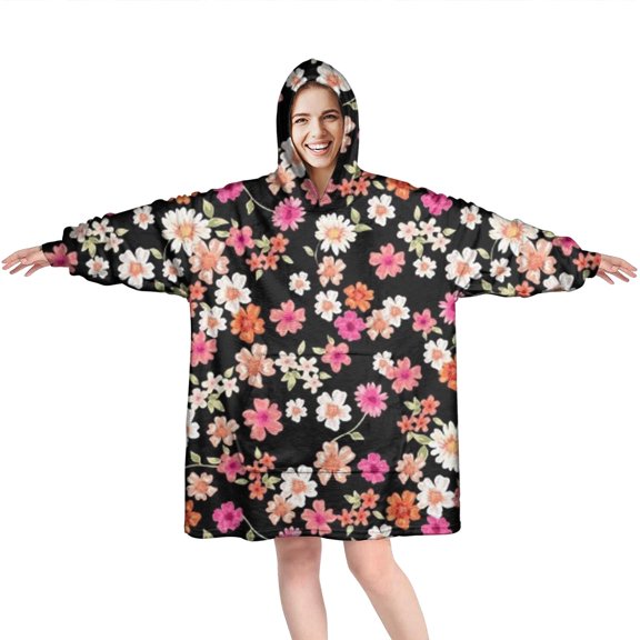 Wearable Oversized Blanket,Black Daisy Flower Colorful Blooms Pattern Wearable Blanket Hoodie for Adults,Cozy Hooded Blankets with Super Pockets,Super Warm Fuzzy Pullover for Women & Men