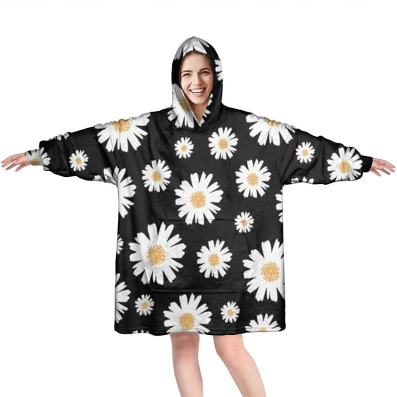 Wearable Oversized Blanket,Black Daisy Flower Golden Centers Pattern Wearable Blanket Hoodie for Adults,Cozy Hooded Blankets with Super Pockets,Super Warm Fuzzy Pullover for Women & Men