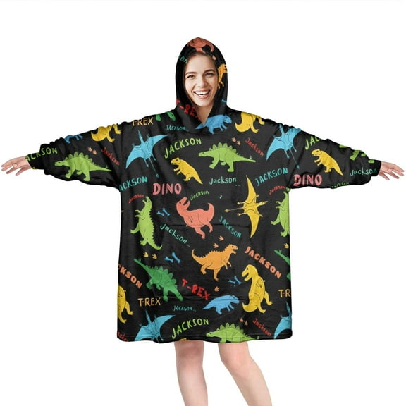 Wearable Oversized Blanket,Black Dinosaurs Jackson Text Pattern Wearable Blanket Hoodie for Adults,Cozy Hooded Blankets with Super Pockets,Super Warm Fuzzy Pullover for Women & Men