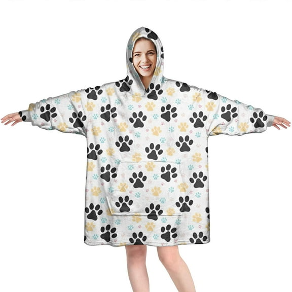 Wearable Oversized Blanket,Black Dog Puppy Paw Wearable Blanket Hoodie for Adults,Cozy Hooded Blankets with Super Pockets,Super Warm Fuzzy Pullover for Women & Men