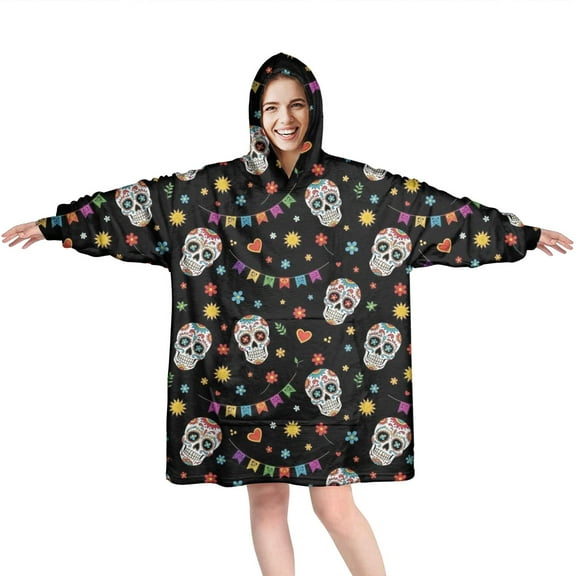 Wearable Oversized Blanket,Black Festive Skull Pattern Wearable Blanket Hoodie for Adults,Cozy Hooded Blankets with Super Pockets,Super Warm Fuzzy Pullover for Women & Men