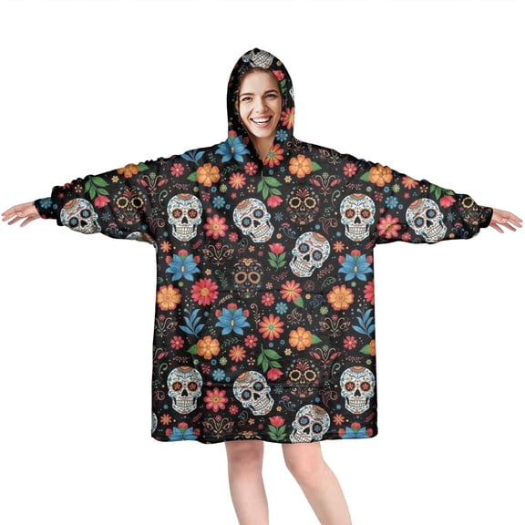 Wearable Oversized Blanket,Black Flower Skull Pattern Wearable Blanket Hoodie for Adults,Cozy Hooded Blankets with Super Pockets,Super Warm Fuzzy Pullover for Women & Men