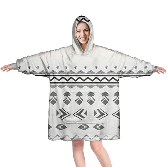 Wearable Oversized Blanket,Black Geometric Border Pattern Wearable Blanket Hoodie for Adults,Cozy Hooded Blankets with Super Pockets,Super Warm Fuzzy Pullover for Women & Men