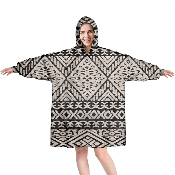 Wearable Oversized Blanket,Black Geometric Diamond Pattern Wearable Blanket Hoodie for Adults,Cozy Hooded Blankets with Super Pockets,Super Warm Fuzzy Pullover for Women & Men