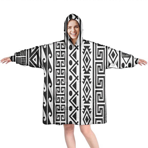 Wearable Oversized Blanket,Black Geometric Diamond Wave Pattern Wearable Blanket Hoodie for Adults,Cozy Hooded Blankets with Super Pockets,Super Warm Fuzzy Pullover for Women & Men