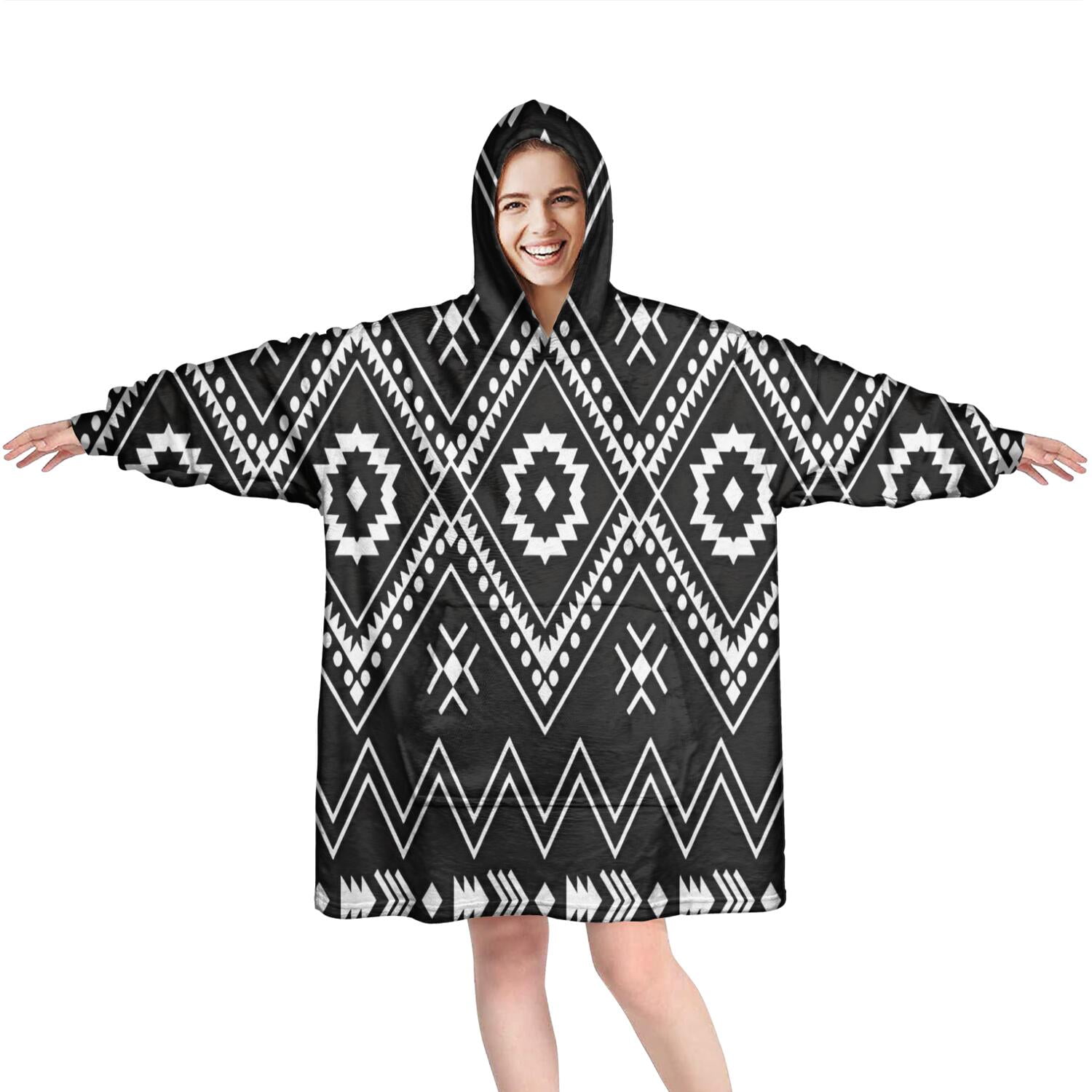 Wearable Oversized Blanket,Black Geometric Striped Pattern Wearable Blanket Hoodie for Adults,Cozy Hooded Blankets with Super Pockets,Super Warm Fuzzy Pullover for Women & Men