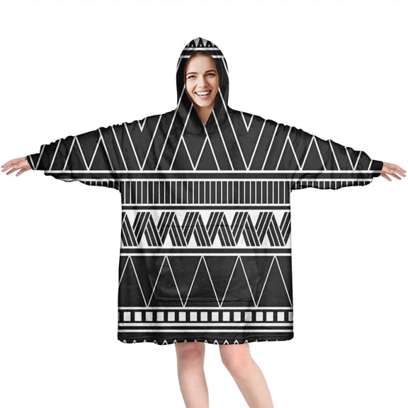 Wearable Oversized Blanket,Black Geometric Striped Pattern Wearable Blanket Hoodie for Adults,Cozy Hooded Blankets with Super Pockets,Super Warm Fuzzy Pullover for Women & Men