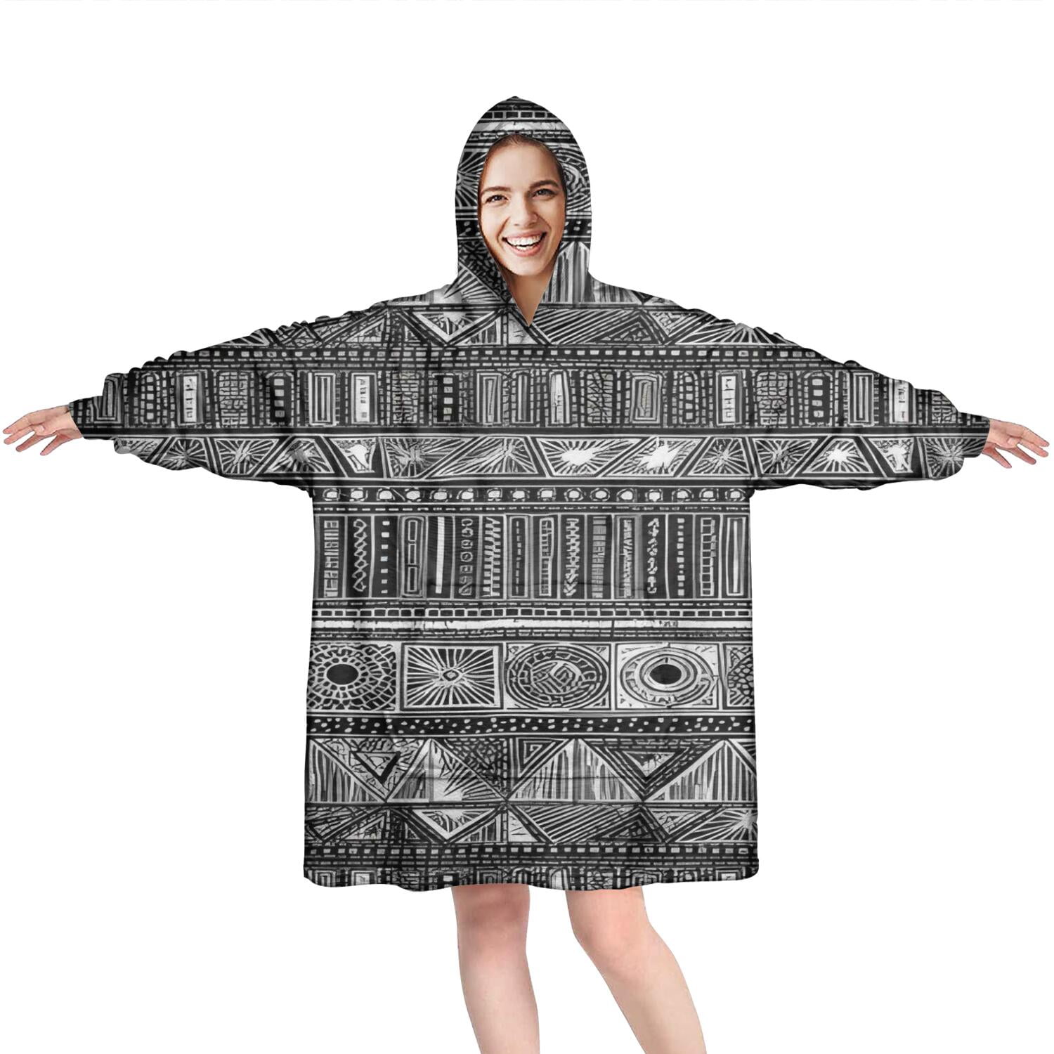Wearable Oversized Blanket,Black Geometric Striped Pattern Wearable Blanket Hoodie for Adults,Cozy Hooded Blankets with Super Pockets,Super Warm Fuzzy Pullover for Women & Men
