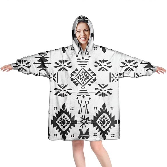 Wearable Oversized Blanket,Black Geometric Triangle Diamond Pattern Wearable Blanket Hoodie for Adults,Cozy Hooded Blankets with Super Pockets,Super Warm Fuzzy Pullover for Women & Men