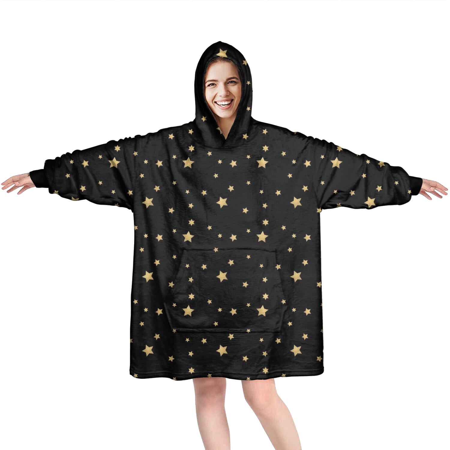 Wearable Oversized Blanket,Black Gold Star Pattern Wearable Blanket Hoodie for Adults,Cozy Hooded Blankets with Super Pockets,Super Warm Fuzzy Pullover for Women & Men