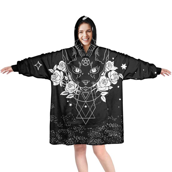 Wearable Oversized Blanket,Black Gothic Cat Rose Moon Pattern Wearable Blanket Hoodie for Adults,Cozy Hooded Blankets with Super Pockets,Super Warm Fuzzy Pullover for Women & Men