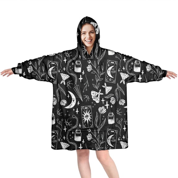 Wearable Oversized Blanket,Black Gothic Moon Card Moth Pattern Wearable Blanket Hoodie for Adults,Cozy Hooded Blankets with Super Pockets,Super Warm Fuzzy Pullover for Women & Men