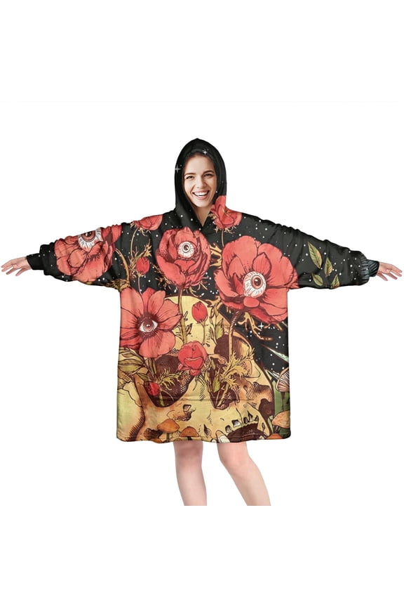 Wearable Oversized Blanket,Black Gothic Skull Flower Pattern Wearable Blanket Hoodie for Adults,Cozy Hooded Blankets with Super Pockets,Super Warm Fuzzy Pullover for Women & Men
