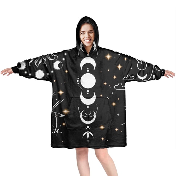 Wearable Oversized Blanket,Black Gothic Sun Moon Hand Pattern Wearable Blanket Hoodie for Adults,Cozy Hooded Blankets with Super Pockets,Super Warm Fuzzy Pullover for Women & Men