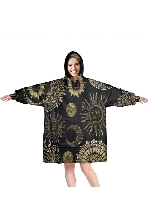 Wearable Oversized Blanket,Black Gothic Sun Moon Pattern Wearable Blanket Hoodie for Adults,Cozy Hooded Blankets with Super Pockets,Super Warm Fuzzy Pullover for Women & Men