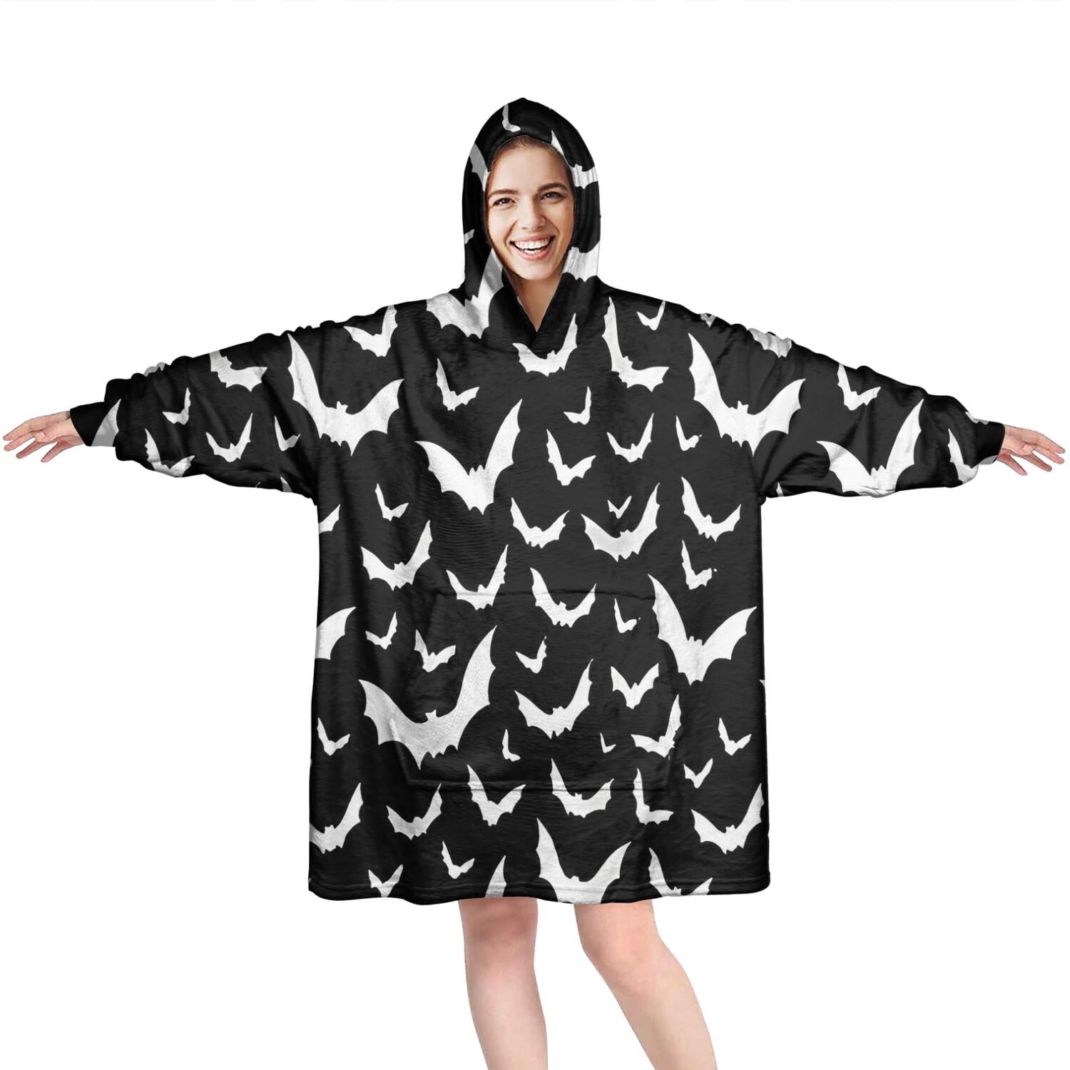 Wearable Oversized Blanket,Black Halloween Bat Silhouettes Wearable Blanket Hoodie for Adults,Cozy Hooded Blankets with Super Pockets,Super Warm Fuzzy Pullover for Women & Men