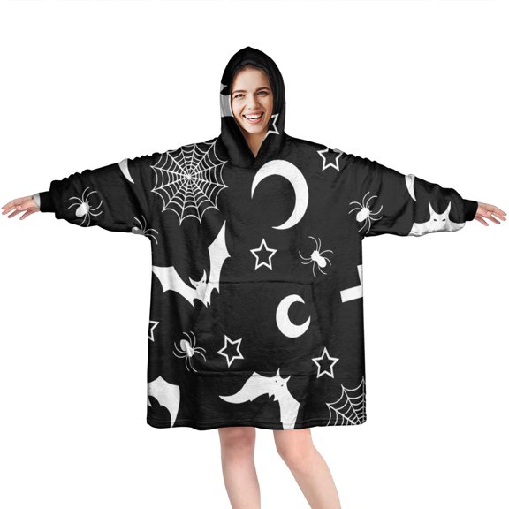 Wearable Oversized Blanket,Black Halloween Bat Spider Pattern Wearable Blanket Hoodie for Adults,Cozy Hooded Blankets with Super Pockets,Super Warm Fuzzy Pullover for Women & Men