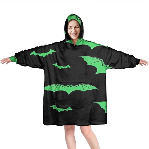 Wearable Oversized Blanket,Black Halloween Bats with Green Wearable Blanket Hoodie for Adults,Cozy Hooded Blankets with Super Pockets,Super Warm Fuzzy Pullover for Women & Men