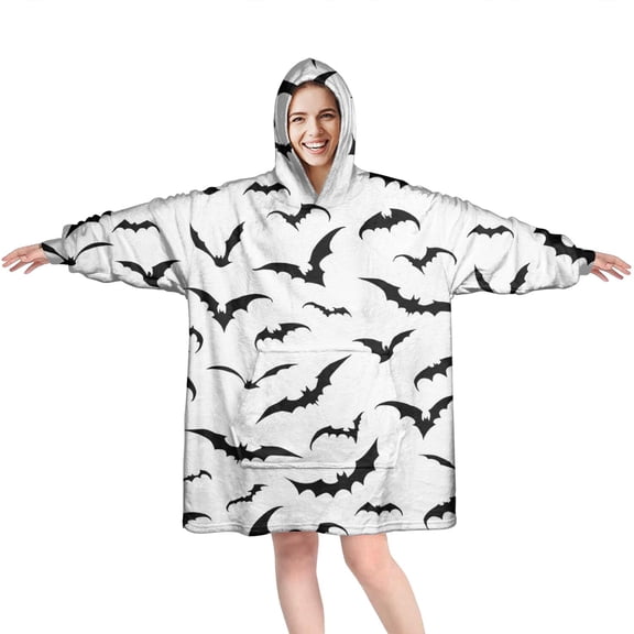Wearable Oversized Blanket,Black Halloween Bats Wearable Blanket Hoodie for Adults,Cozy Hooded Blankets with Super Pockets,Super Warm Fuzzy Pullover for Women & Men