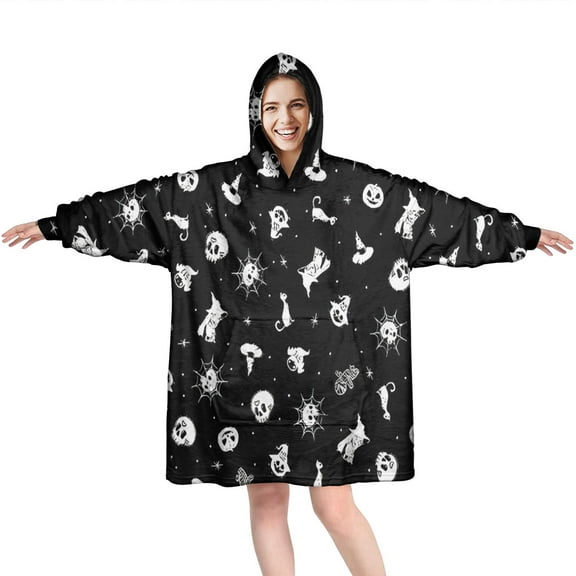Wearable Oversized Blanket,Black Halloween Cat Skull Pattern Wearable Blanket Hoodie for Adults,Cozy Hooded Blankets with Super Pockets,Super Warm Fuzzy Pullover for Women & Men