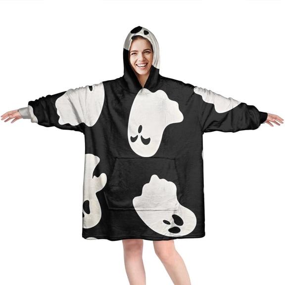Wearable Oversized Blanket,Black Halloween Ghost Silhouettes Wearable Blanket Hoodie for Adults,Cozy Hooded Blankets with Super Pockets,Super Warm Fuzzy Pullover for Women & Men