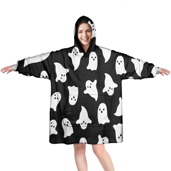 Wearable Oversized Blanket,Black Halloween Ghosts with Boo Wearable Blanket Hoodie for Adults,Cozy Hooded Blankets with Super Pockets,Super Warm Fuzzy Pullover for Women & Men