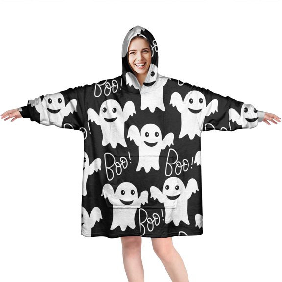 Wearable Oversized Blanket,Black Halloween Ghosts with Boo Wearable Blanket Hoodie for Adults,Cozy Hooded Blankets with Super Pockets,Super Warm Fuzzy Pullover for Women & Men