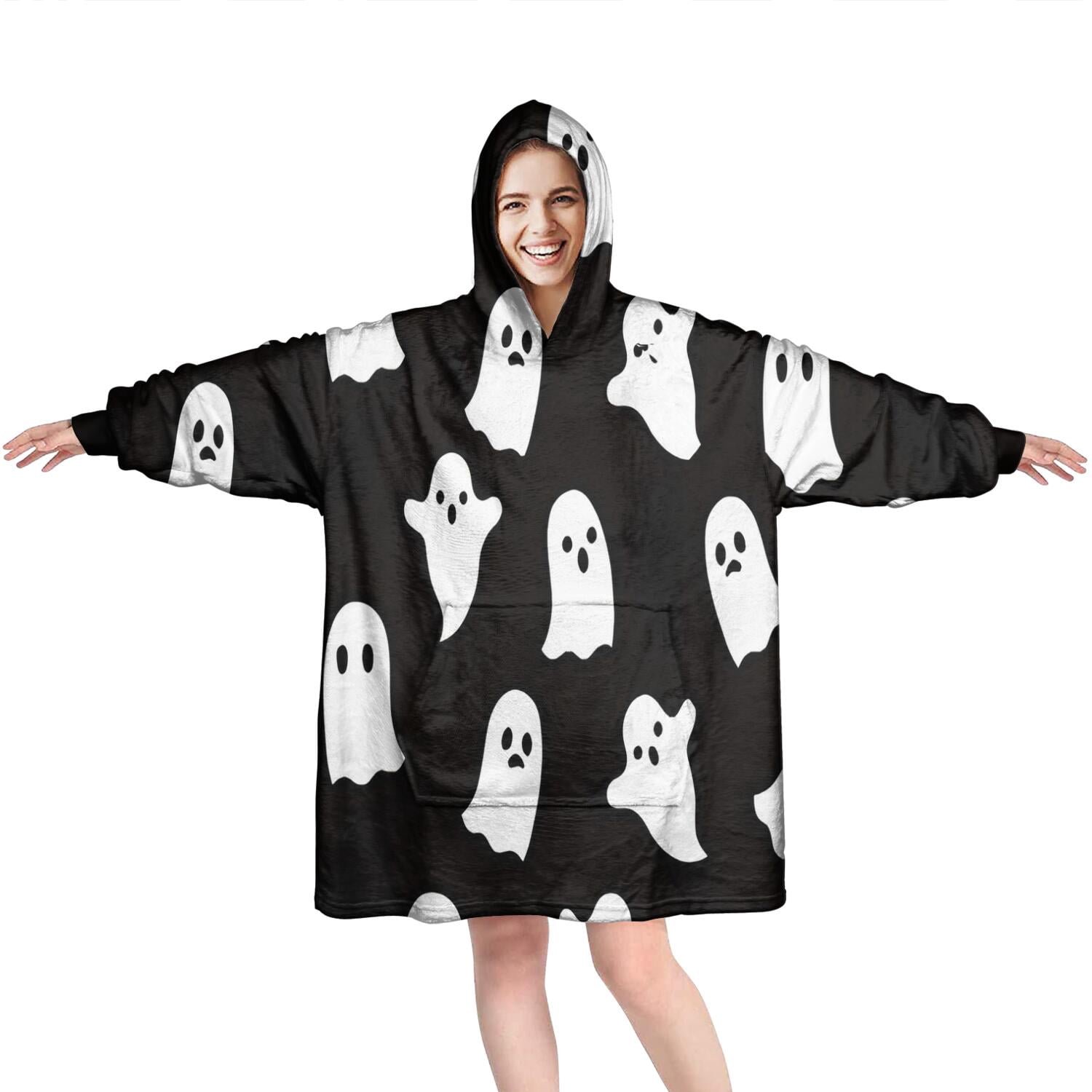 Wearable Oversized Blanket,Black Halloween Ghosts Wearable Blanket Hoodie for Adults,Cozy Hooded Blankets with Super Pockets,Super Warm Fuzzy Pullover for Women & Men