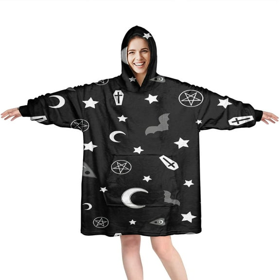 Wearable Oversized Blanket,Black Halloween Occult Patterns Wearable Blanket Hoodie for Adults,Cozy Hooded Blankets with Super Pockets,Super Warm Fuzzy Pullover for Women & Men