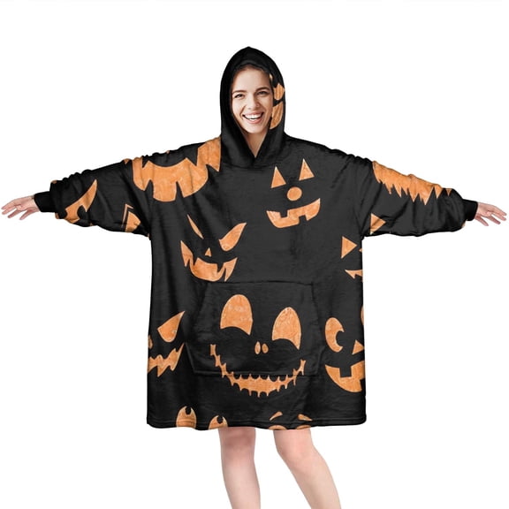 Wearable Oversized Blanket,Black Halloween Pumpkin Faces Wearable Blanket Hoodie for Adults,Cozy Hooded Blankets with Super Pockets,Super Warm Fuzzy Pullover for Women & Men