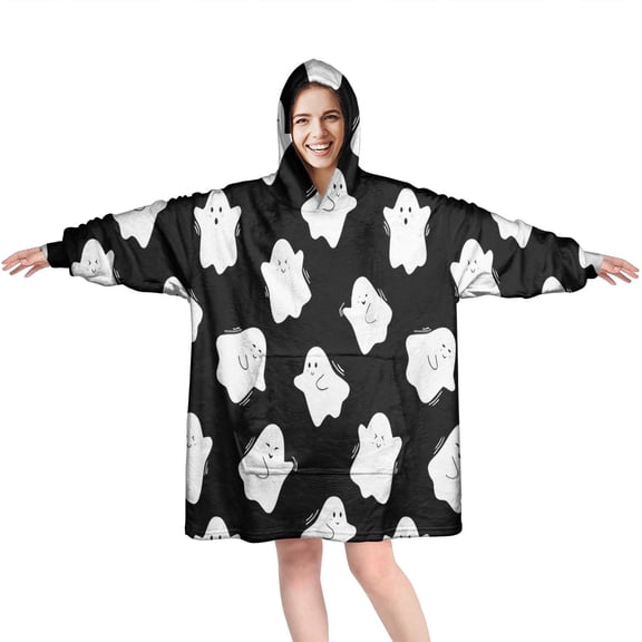 Wearable Oversized Blanket,Black Halloween White Ghosts Wearable Blanket Hoodie for Adults,Cozy Hooded Blankets with Super Pockets,Super Warm Fuzzy Pullover for Women & Men