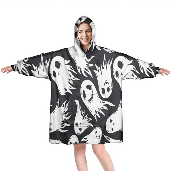 Wearable Oversized Blanket,Black Halloween White Ghosts Wearable Blanket Hoodie for Adults,Cozy Hooded Blankets with Super Pockets,Super Warm Fuzzy Pullover for Women & Men