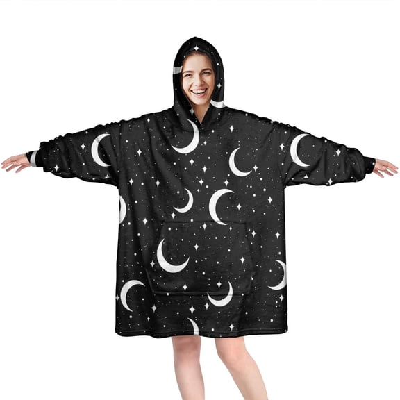 Wearable Oversized Blanket,Black Moon Star Pattern Wearable Blanket Hoodie for Adults,Cozy Hooded Blankets with Super Pockets,Super Warm Fuzzy Pullover for Women & Men