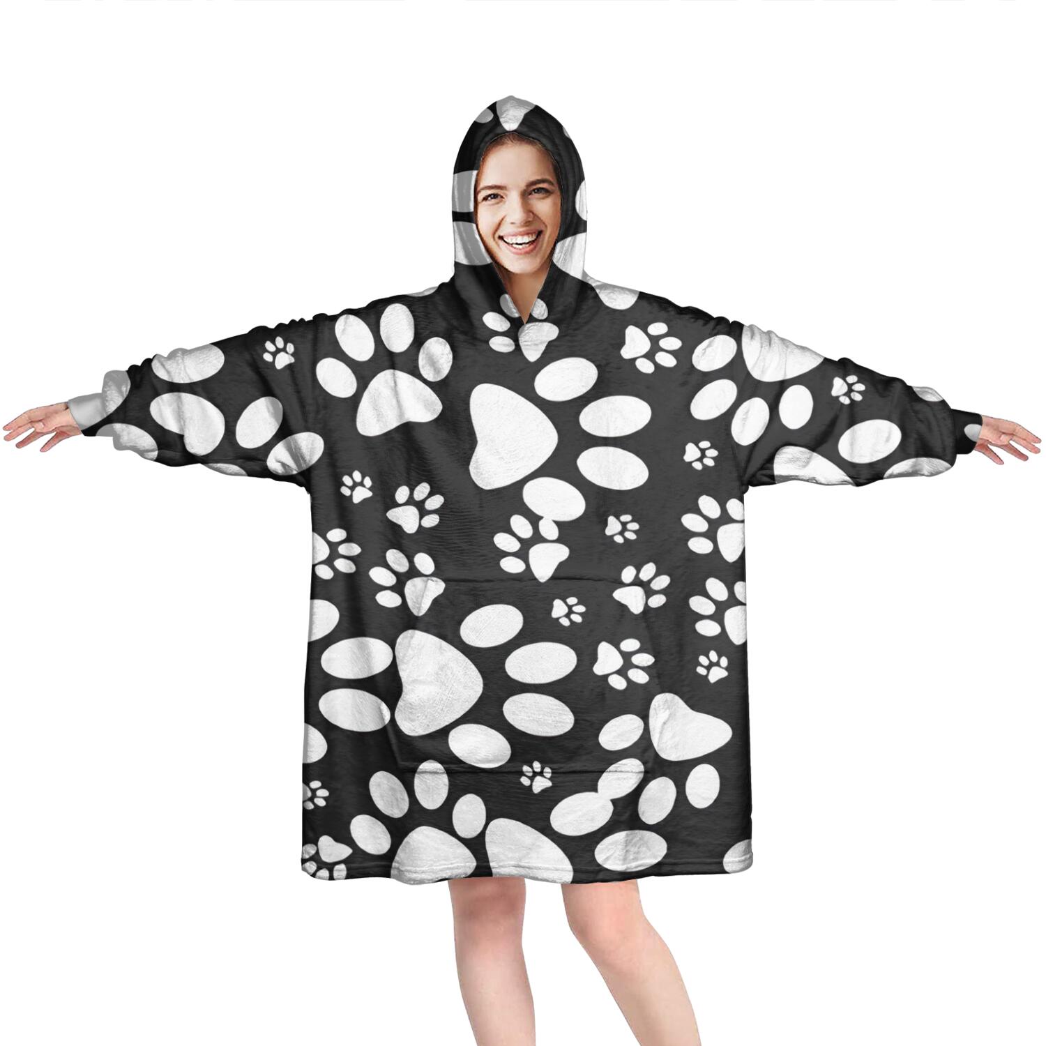 Wearable Oversized Blanket,Black Paw Wearable Blanket Hoodie for Adults,Cozy Hooded Blankets with Super Pockets,Super Warm Fuzzy Pullover for Women & Men