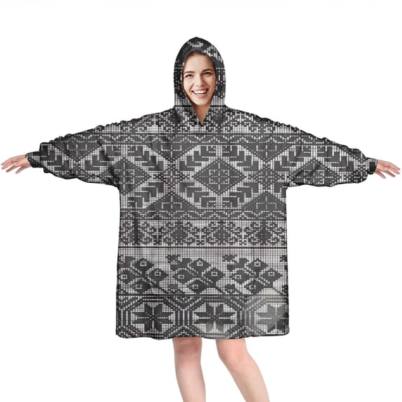 Wearable Oversized Blanket,Black Pioneer Flower Geometric Striped Pattern Wearable Blanket Hoodie for Adults,Cozy Hooded Blankets with Super Pockets,Super Warm Fuzzy Pullover for Women & Men