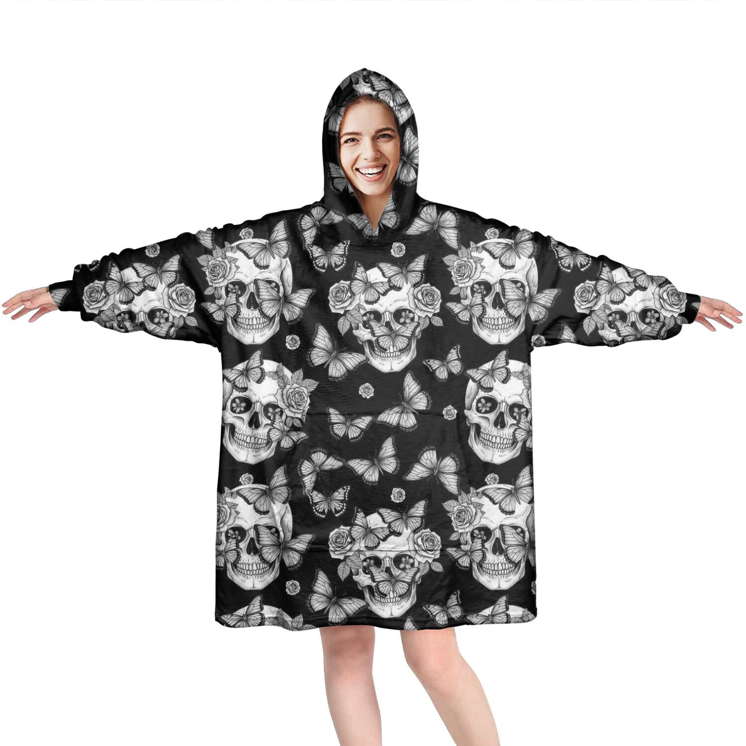 Wearable Oversized Blanket,Black Skull Butterfly Pattern Wearable Blanket Hoodie for Adults,Cozy Hooded Blankets with Super Pockets,Super Warm Fuzzy Pullover for Women & Men