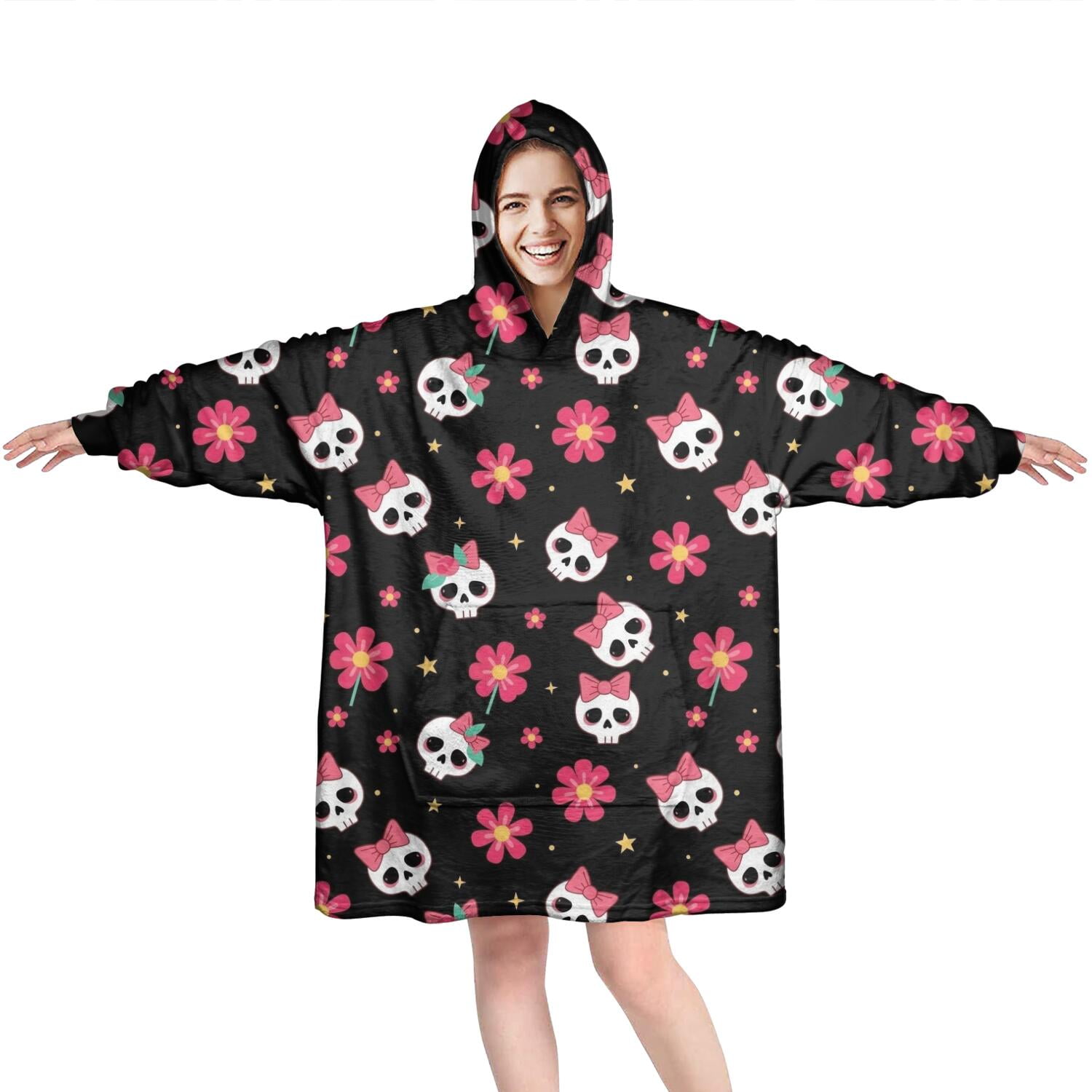 Wearable Oversized Blanket,Black Skull Flower Bow Pattern Wearable Blanket Hoodie for Adults,Cozy Hooded Blankets with Super Pockets,Super Warm Fuzzy Pullover for Women & Men