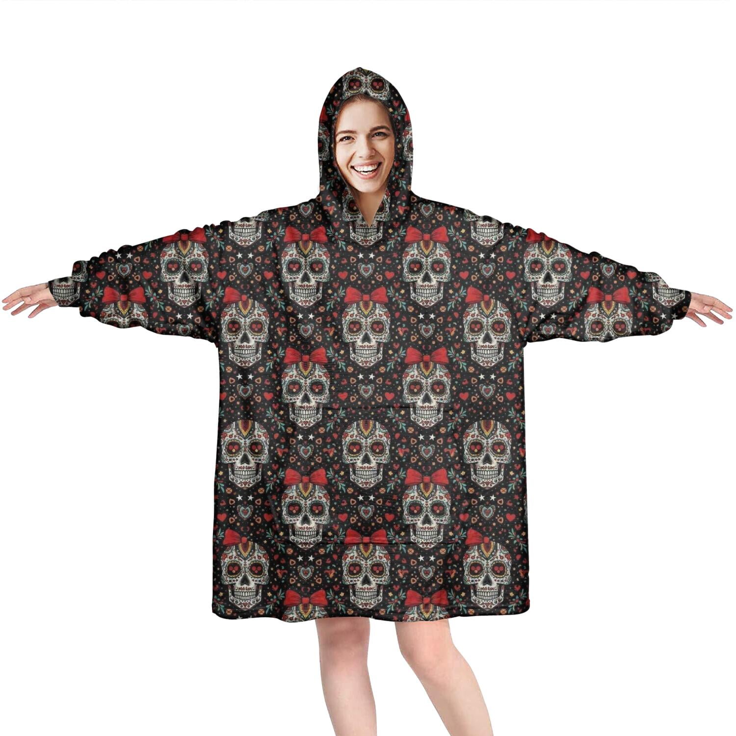 Wearable Oversized Blanket,Black Skull Red Bow Pattern Wearable Blanket Hoodie for Adults,Cozy Hooded Blankets with Super Pockets,Super Warm Fuzzy Pullover for Women & Men