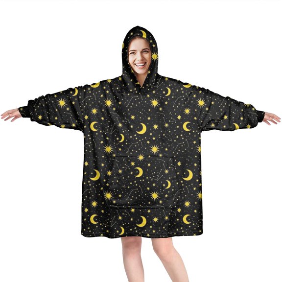 Wearable Oversized Blanket,Black Star Moon Pattern Wearable Blanket Hoodie for Adults,Cozy Hooded Blankets with Super Pockets,Super Warm Fuzzy Pullover for Women & Men